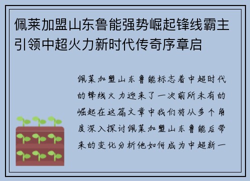 佩莱加盟山东鲁能强势崛起锋线霸主引领中超火力新时代传奇序章启