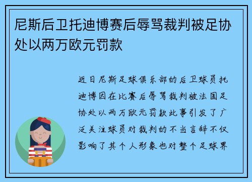 尼斯后卫托迪博赛后辱骂裁判被足协处以两万欧元罚款